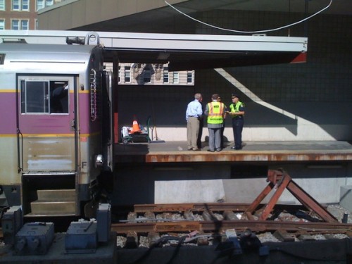 Train 512 hit a metal bumper at South Station (photo by @davidwadeWBZ)