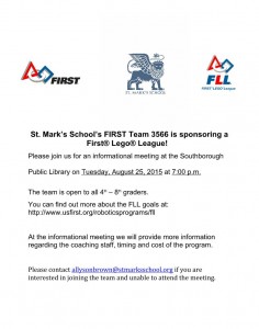 St. Mark's FIRST Lego League team info night flyer