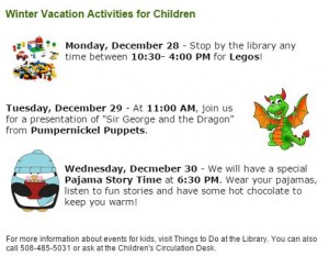 Children's activities at the library week of 12/28