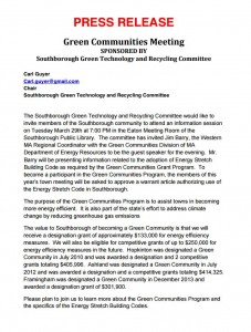 Press Release on Green Communities Meeting (re Warrant Article on Energy Stretch Building Codes)