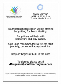 Town Meeting - babysitting Southboorugh Rec flyer