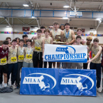 Close up of podium cropped from MIAA pic of ARHS Boys Indoor Track's D2 Championship win